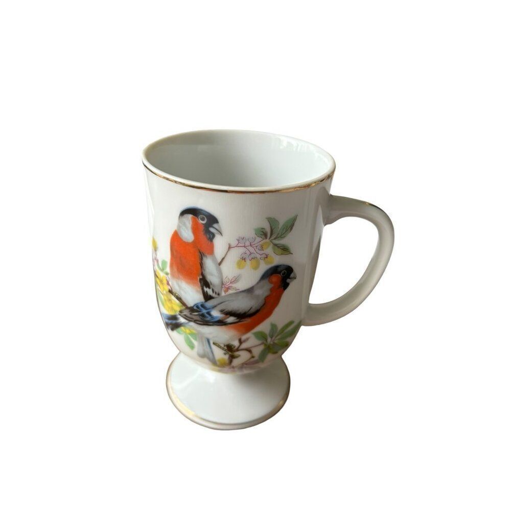 Vintage Bone China Mug With Bird Design 5" Tall White & Gold Accents